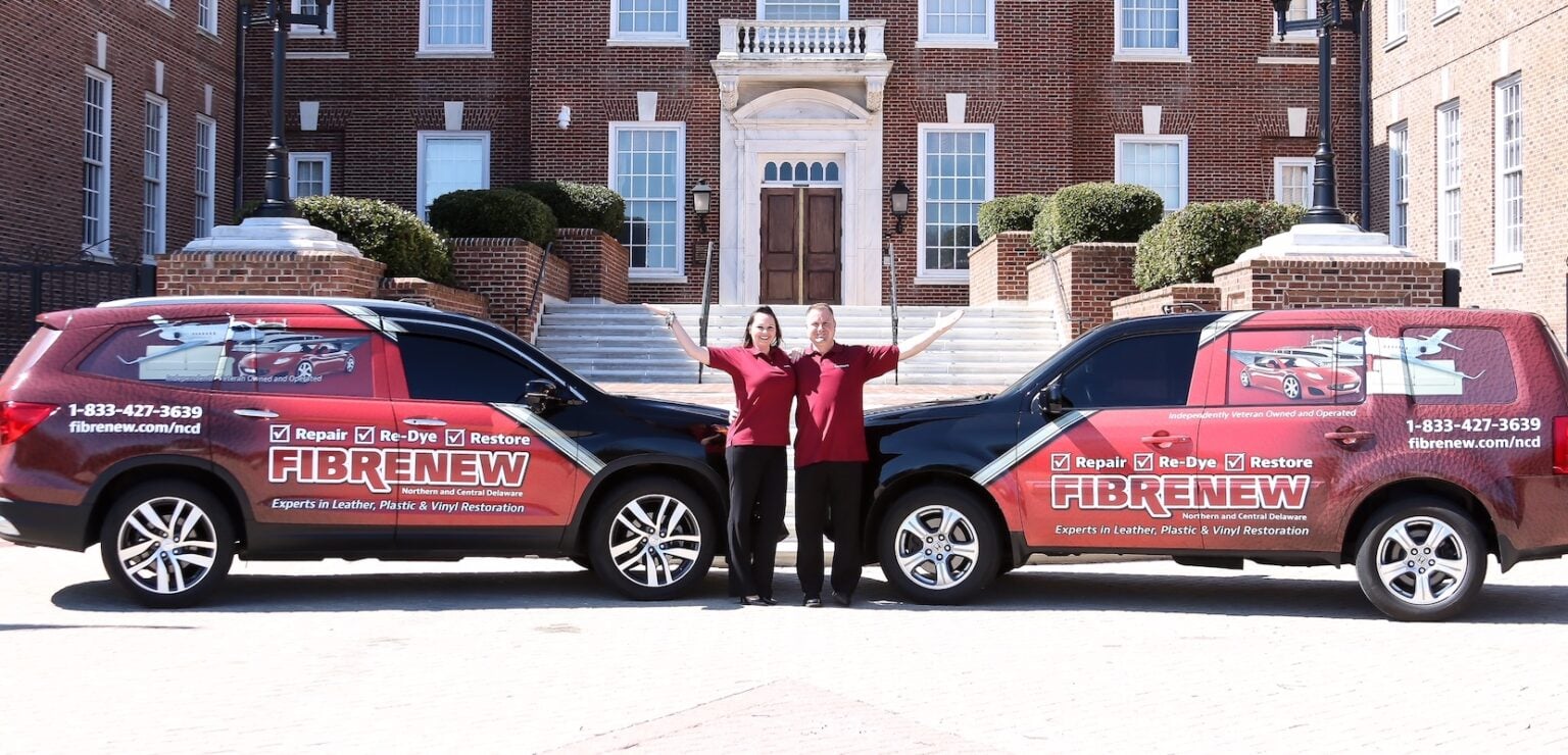 Fibrenew mobile restoration service franchise opportunity two owners smiling in front of company vehicle